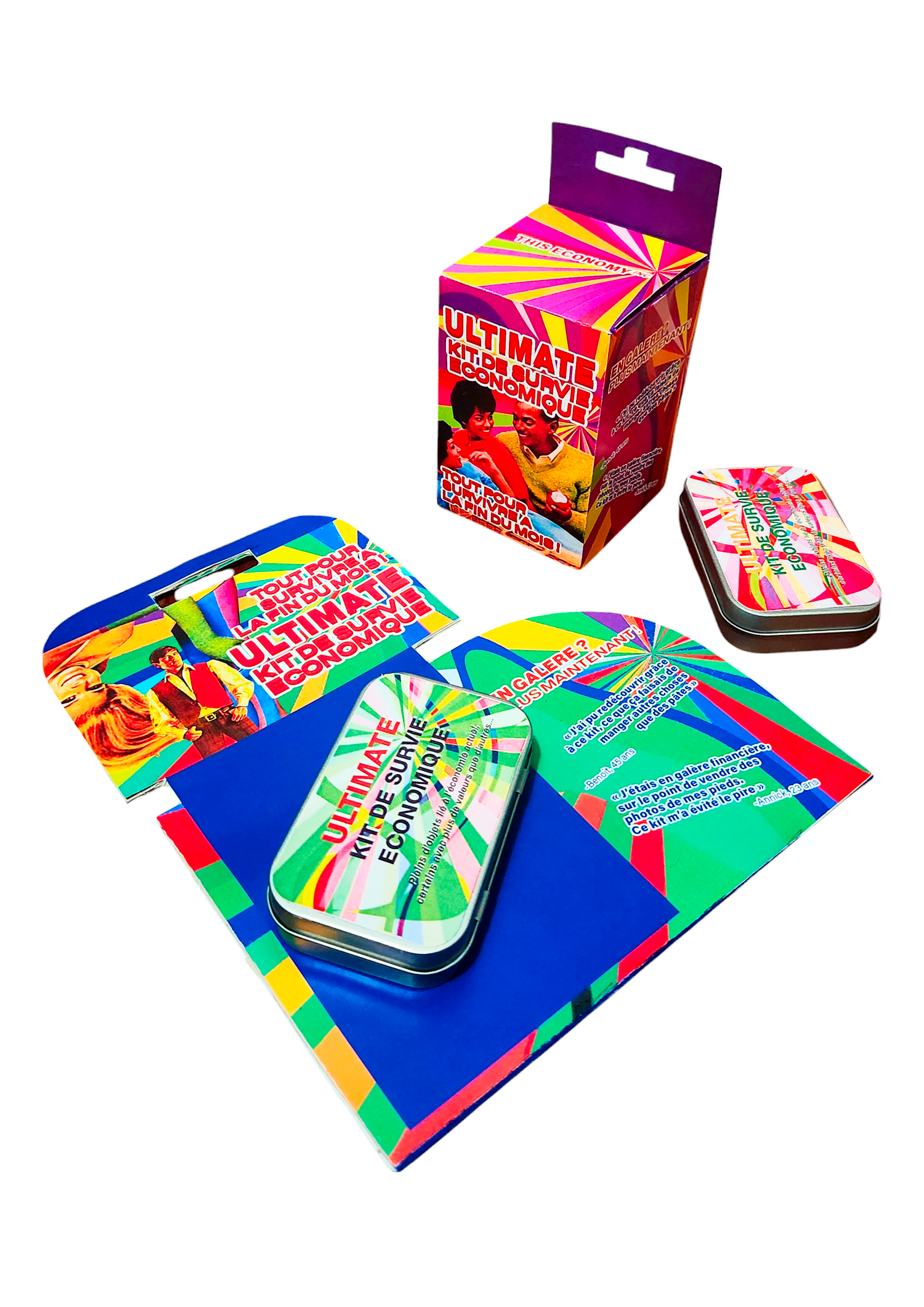 Projet de détournement inspiré du travail de Dana Wyse. Création de l'identité visuelle d'un kit de survie économique tourné vers les familles de classe moyenne, de l'affiche au packaging.